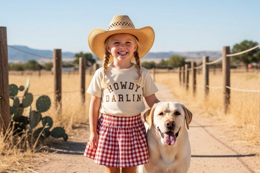 two children holding hands at Disney wearing a natural color shirt and text that says "little belle" and "little chip"