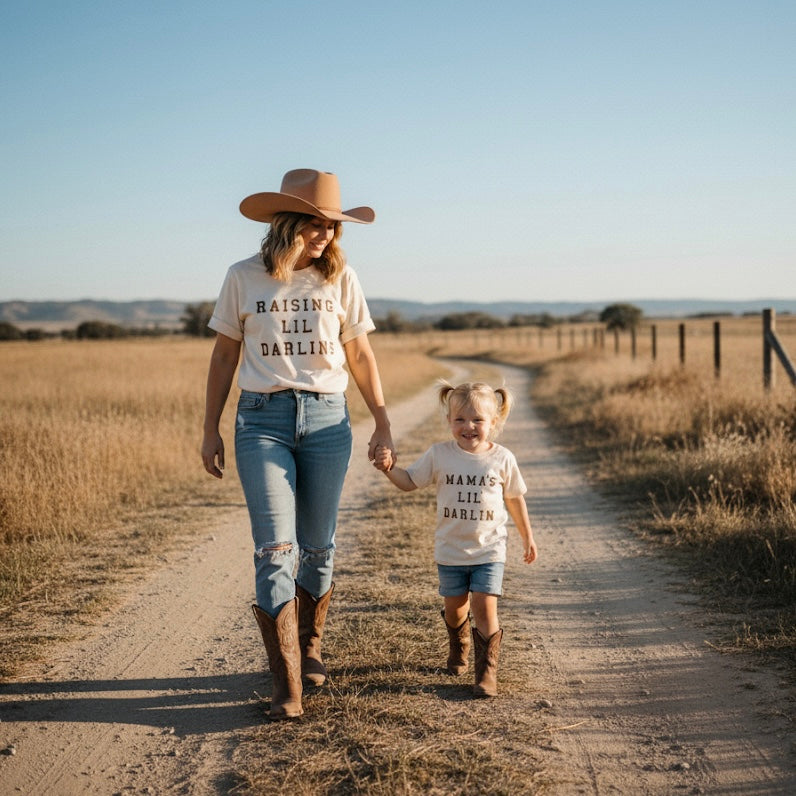Woman and child walking hand in hand on a dirt road with 'Raising Lil Darlin' and 'Mama's Lil Darlin' shirts.