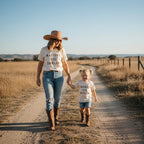 Woman and child walking hand in hand on a dirt road with 'Raising Lil Darlin' and 'Mama's Lil Darlin' shirts.