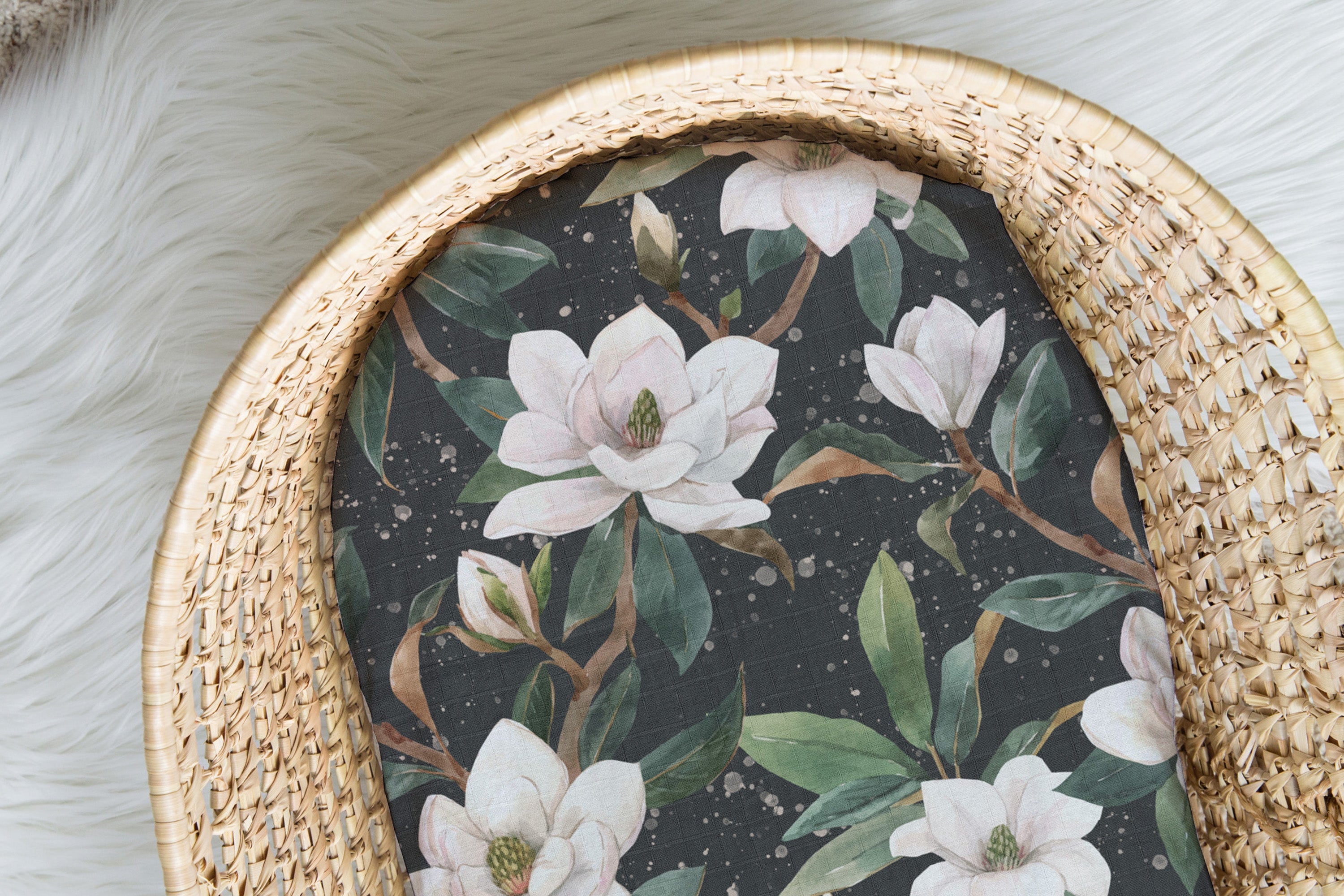 Midnight Magnolia | Moses Basket Sheet | 100% Organic Cotton Muslin