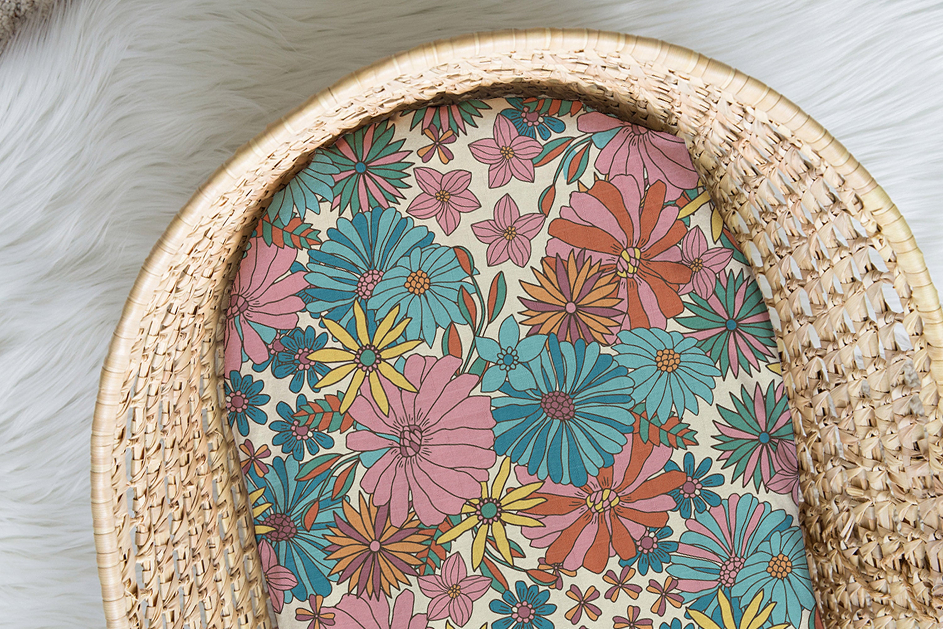 Groovy Blooms | Moses Basket Sheet | 100% Organic Cotton Muslin