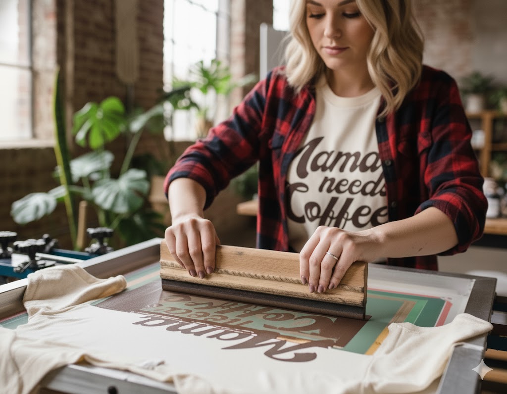 Woman screen printing on t-shirts in a workshop setting