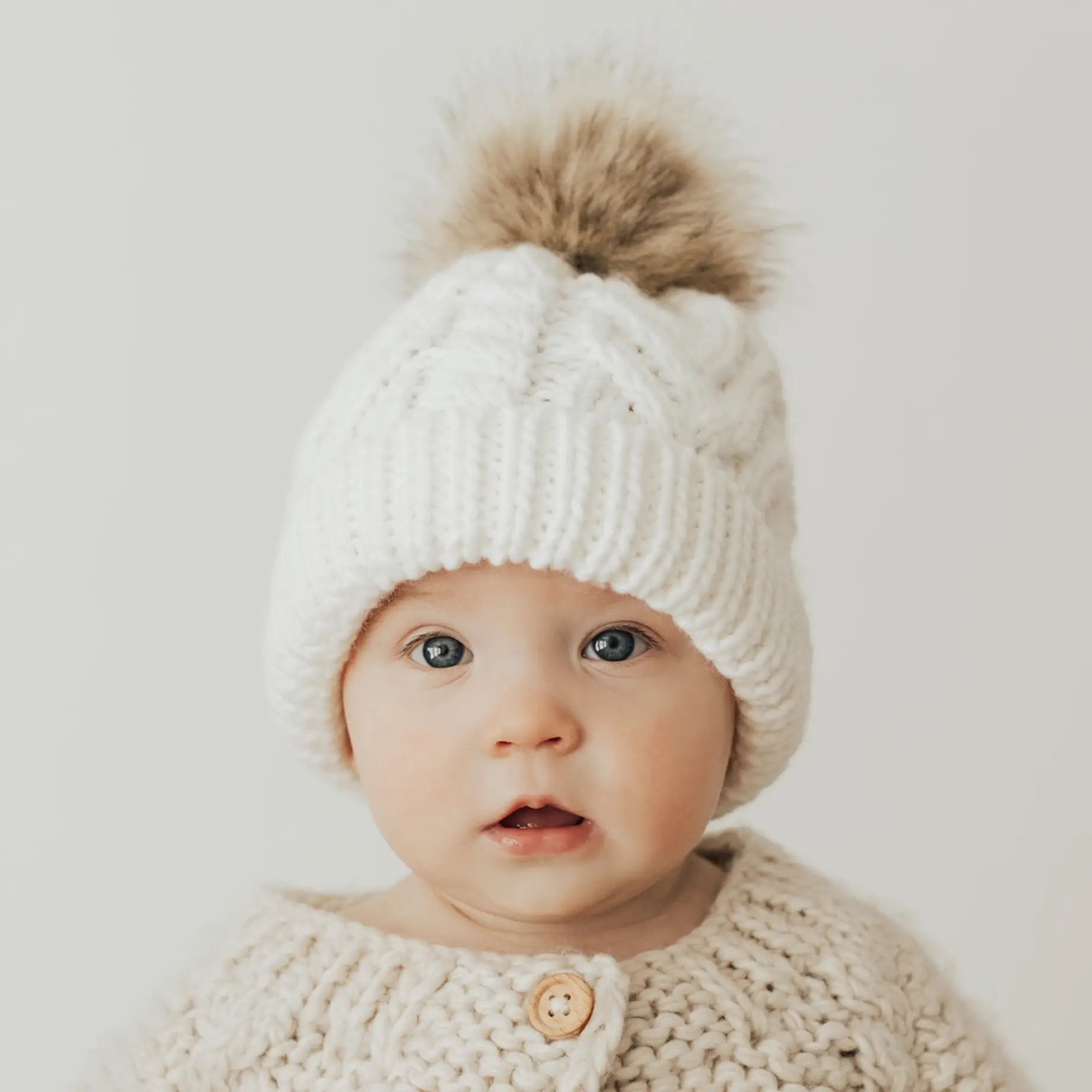 Winter White Pop Hand Knit Pom Pom Beanie Hat