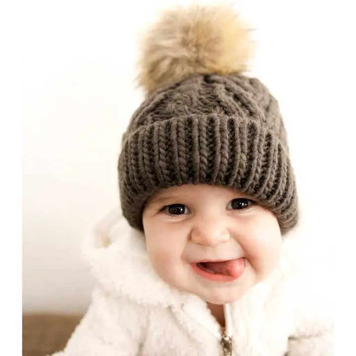 Dark Loden Green Pop Hand Knit Pom Pom Beanie Hat