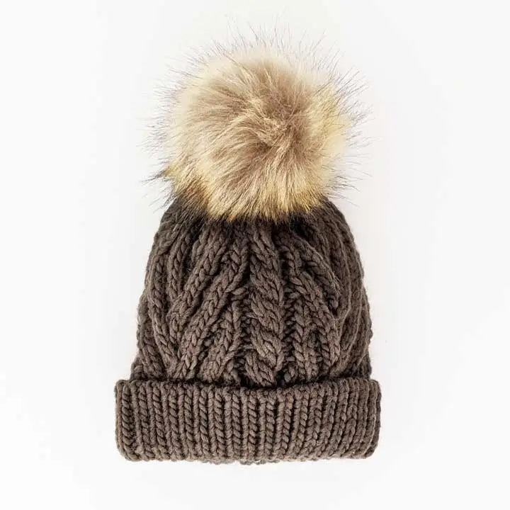 Dark Loden Green Pop Hand Knit Pom Pom Beanie Hat