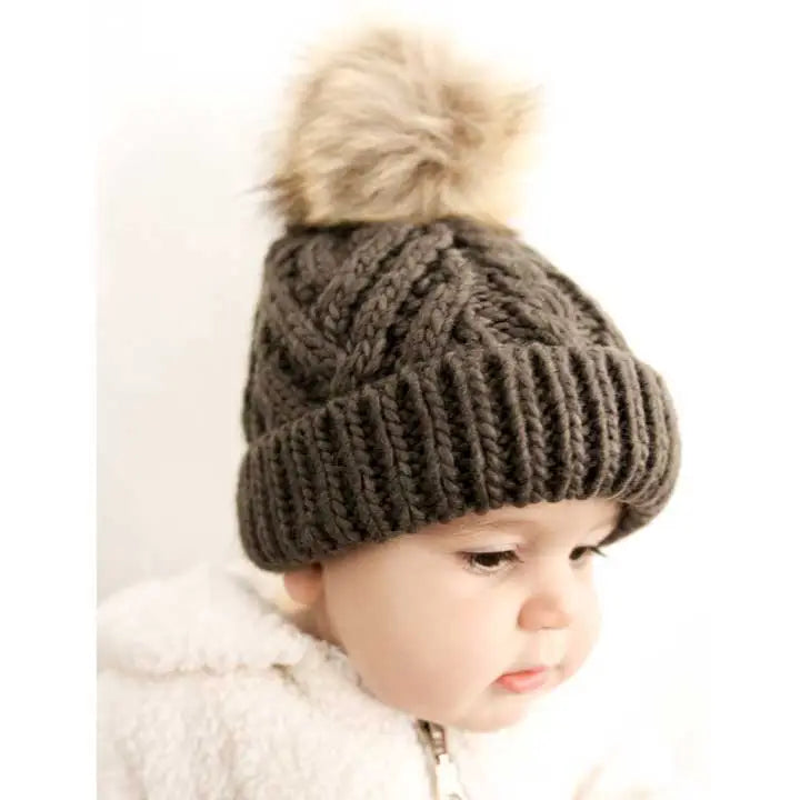 Dark Loden Green Pop Hand Knit Pom Pom Beanie Hat
