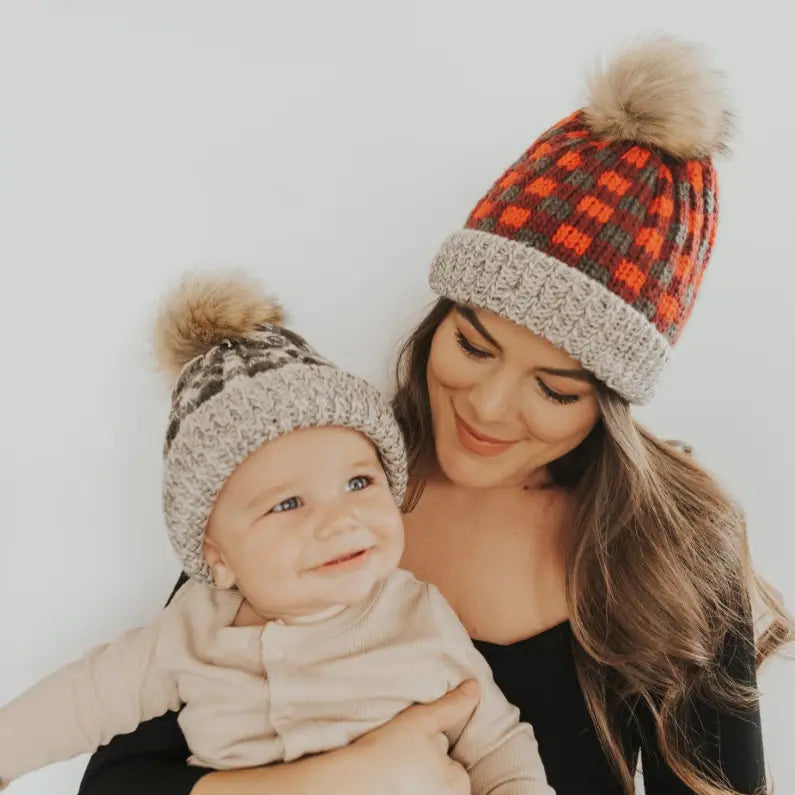 Red Lumberjack Buffalo Check Pom Pom Beanie Hat
