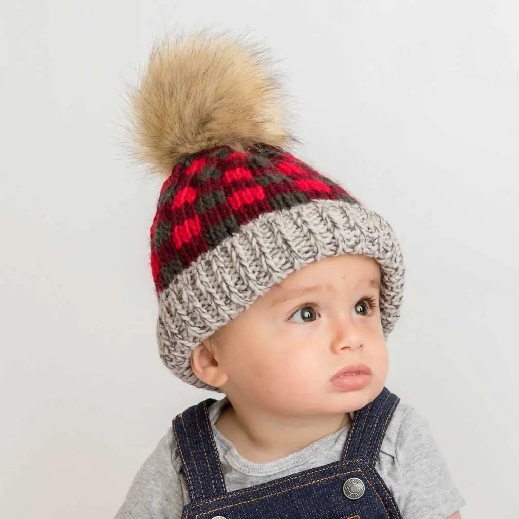 Red Lumberjack Buffalo Check Pom Pom Beanie Hat