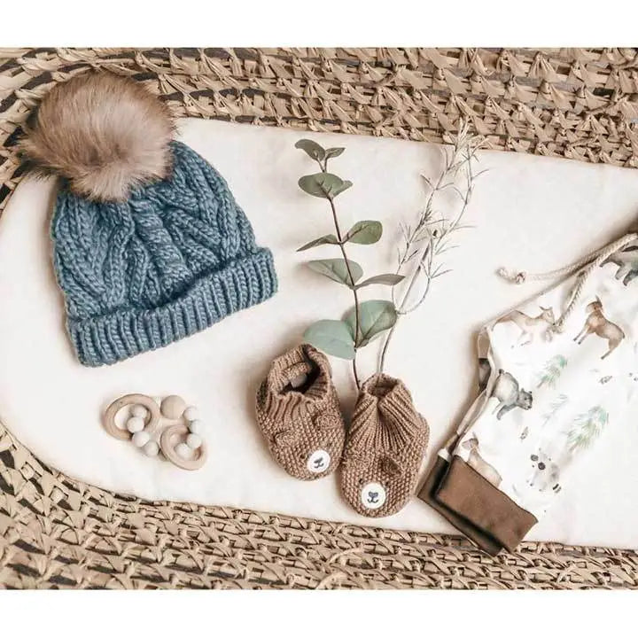 Slate Blue Pop Hand Knit Pom Pom Beanie Hat