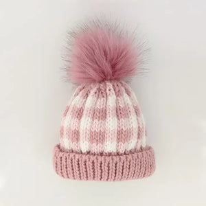 Rosy Pink Buffalo Check Pom Pom Beanie Hat
