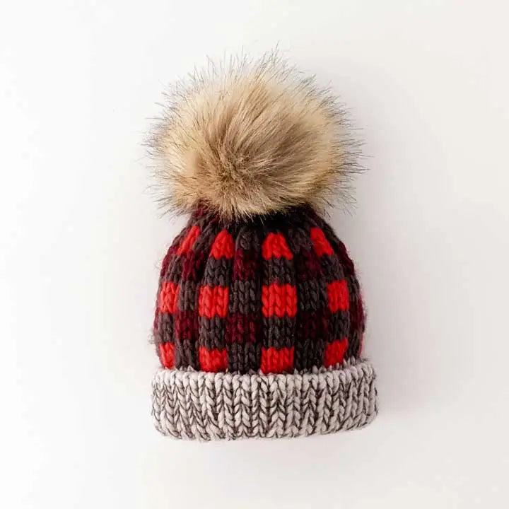 Red Lumberjack Buffalo Check Pom Pom Beanie Hat