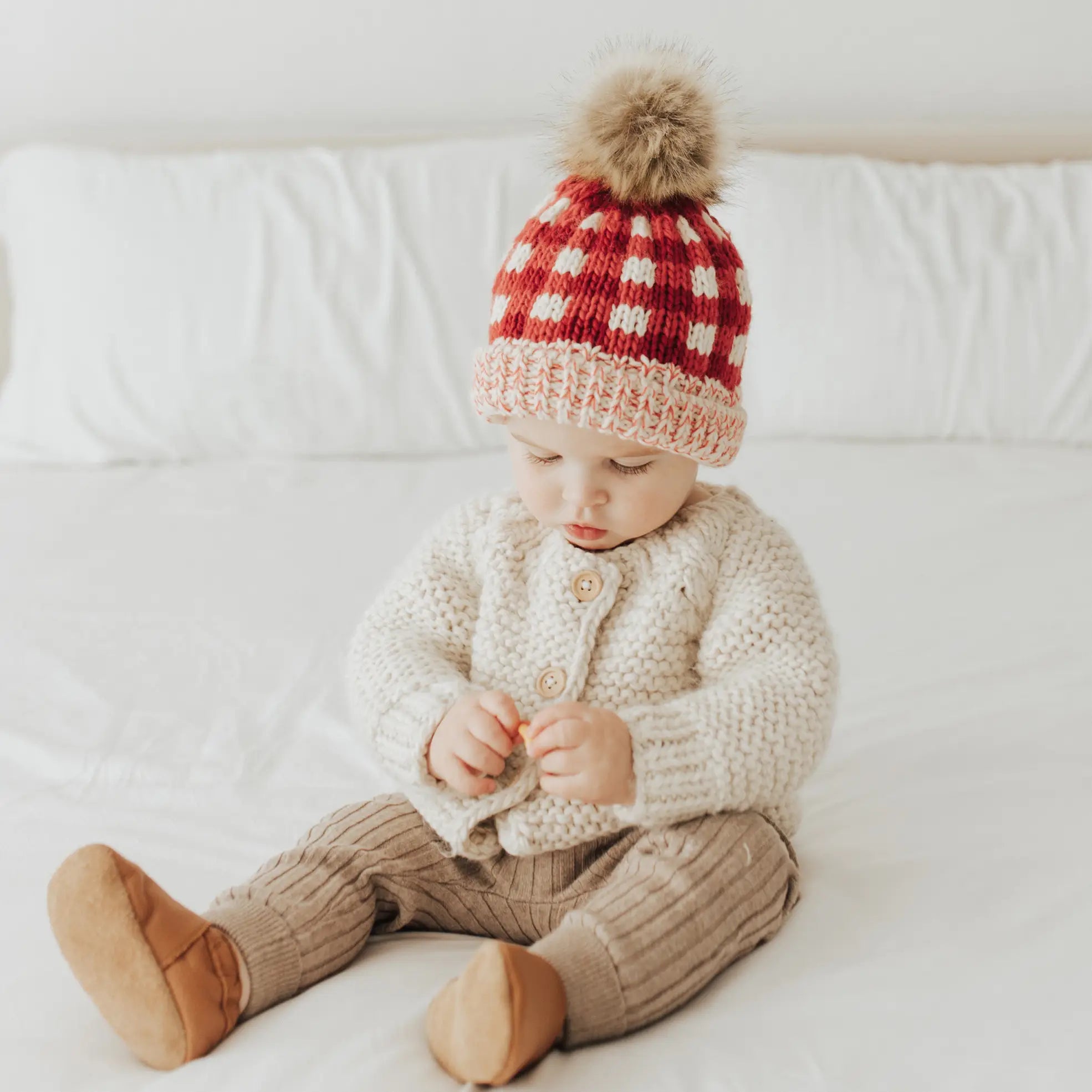 Festive Red Buffalo Check Pom Pom Beanie Hat