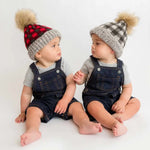 Load image into Gallery viewer, Grey Buffalo Check Pom Pom Beanie Hat
