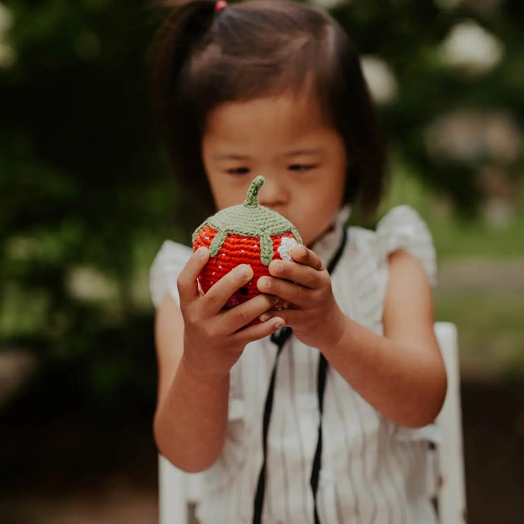 Organic Crocheted Fruit Rattle | Friendly Strawberry