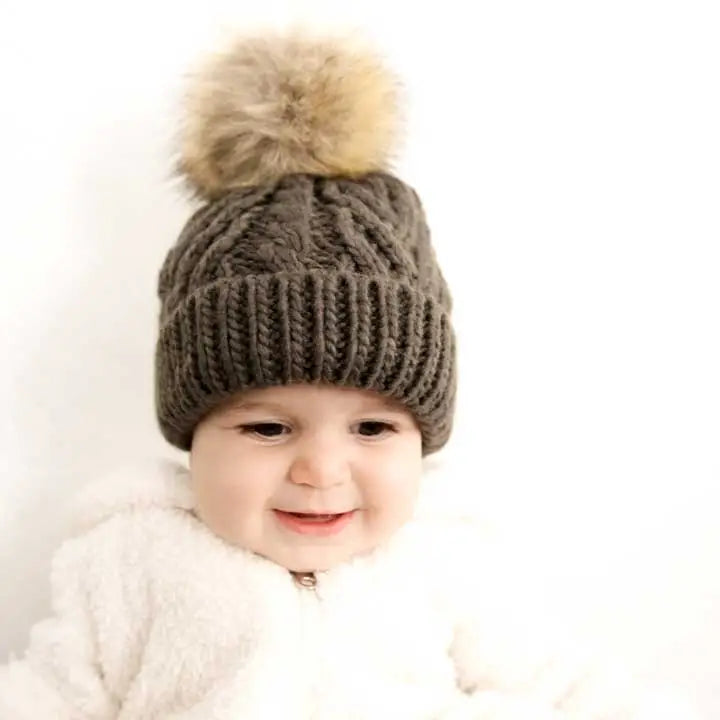 Dark Loden Green Pop Hand Knit Pom Pom Beanie Hat
