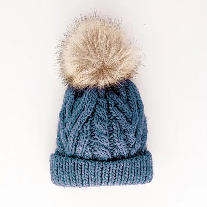 Slate Blue Pop Hand Knit Pom Pom Beanie Hat