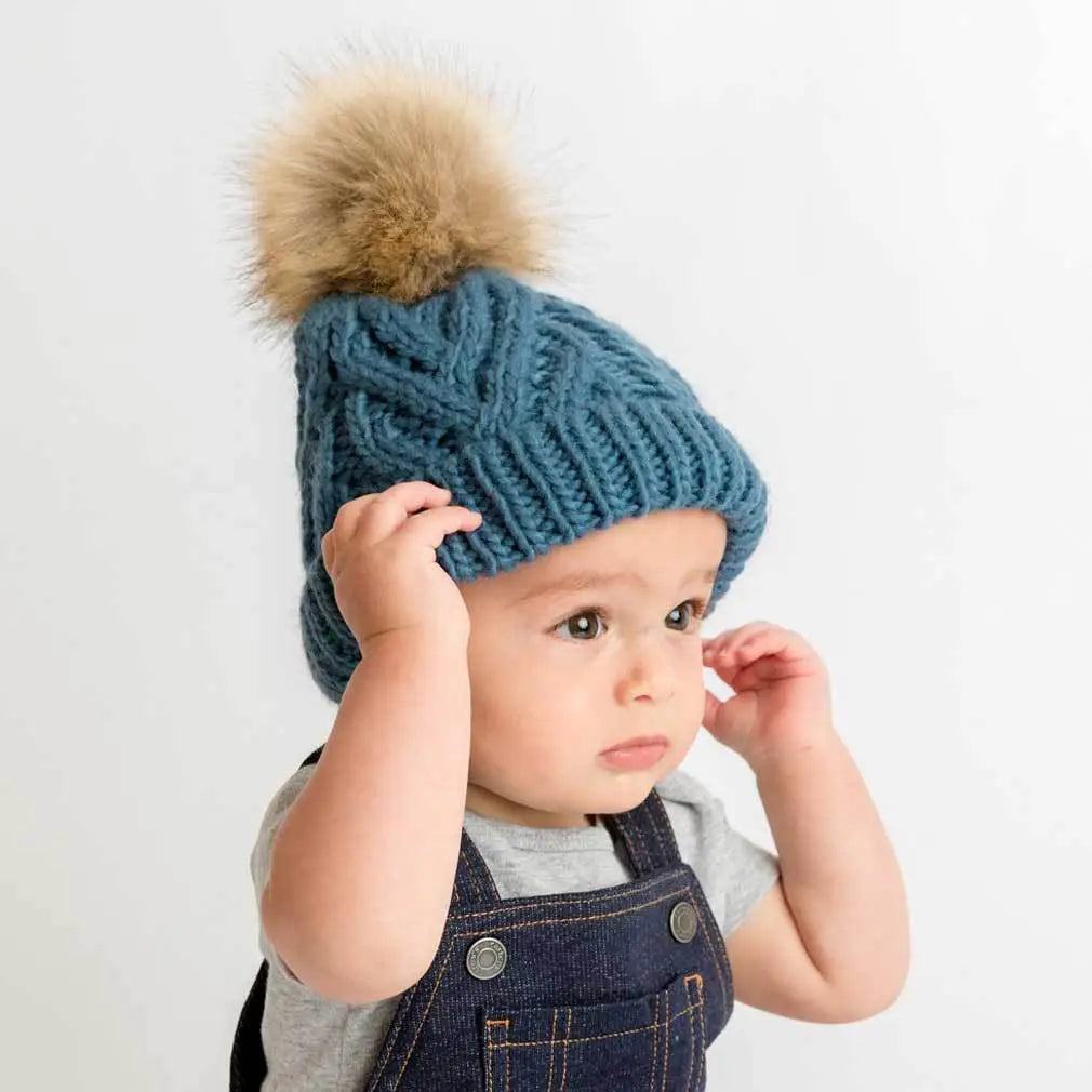 Slate Blue Pop Hand Knit Pom Pom Beanie Hat