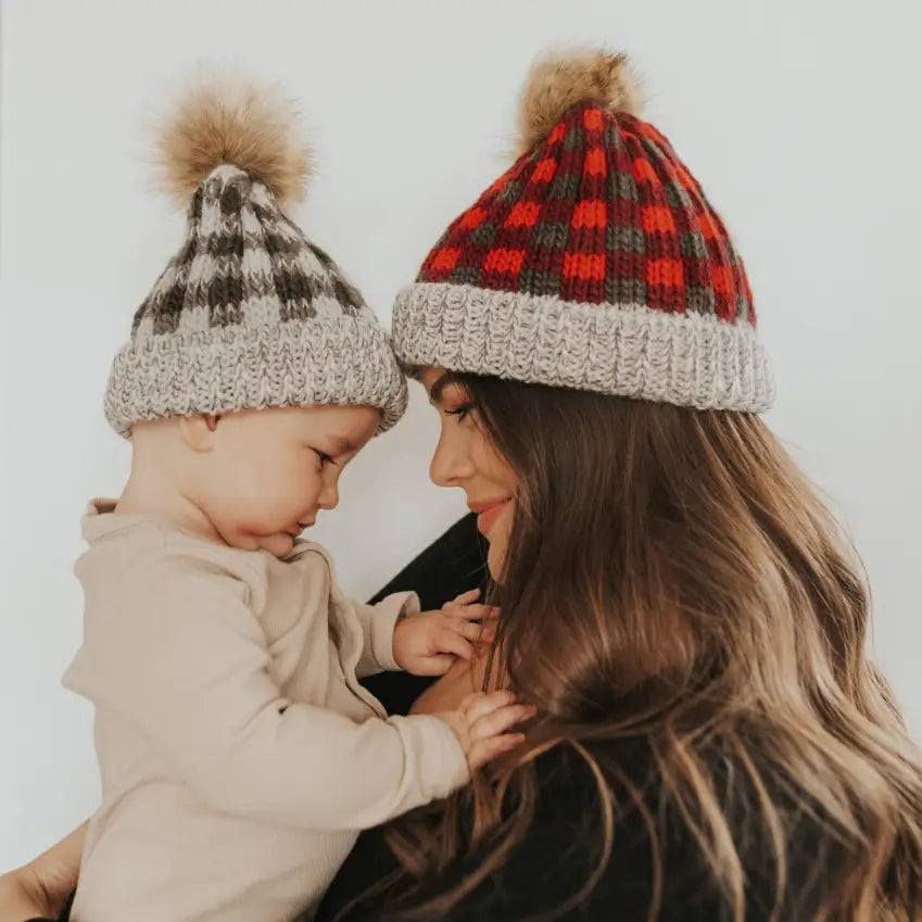 Red Lumberjack Buffalo Check Pom Pom Beanie Hat