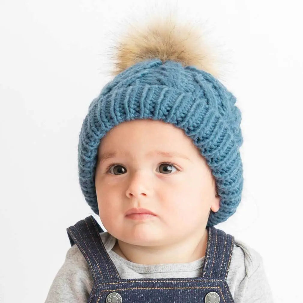 Slate Blue Pop Hand Knit Pom Pom Beanie Hat