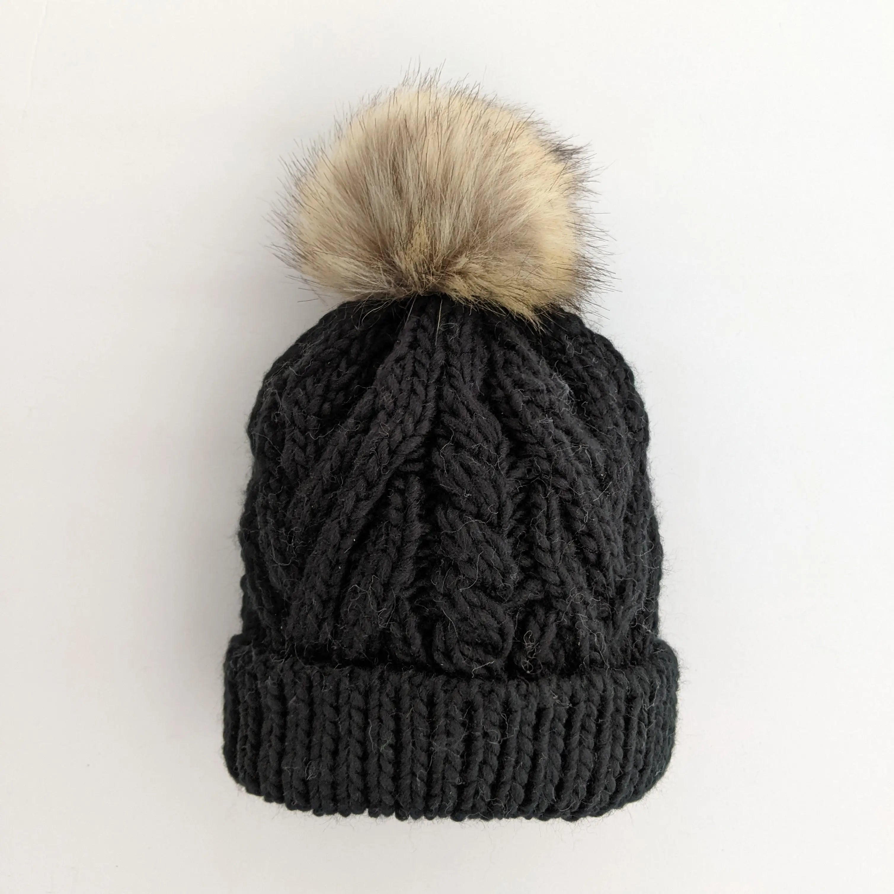Black Pop Hand Knit Pom Pom Beanie Hat