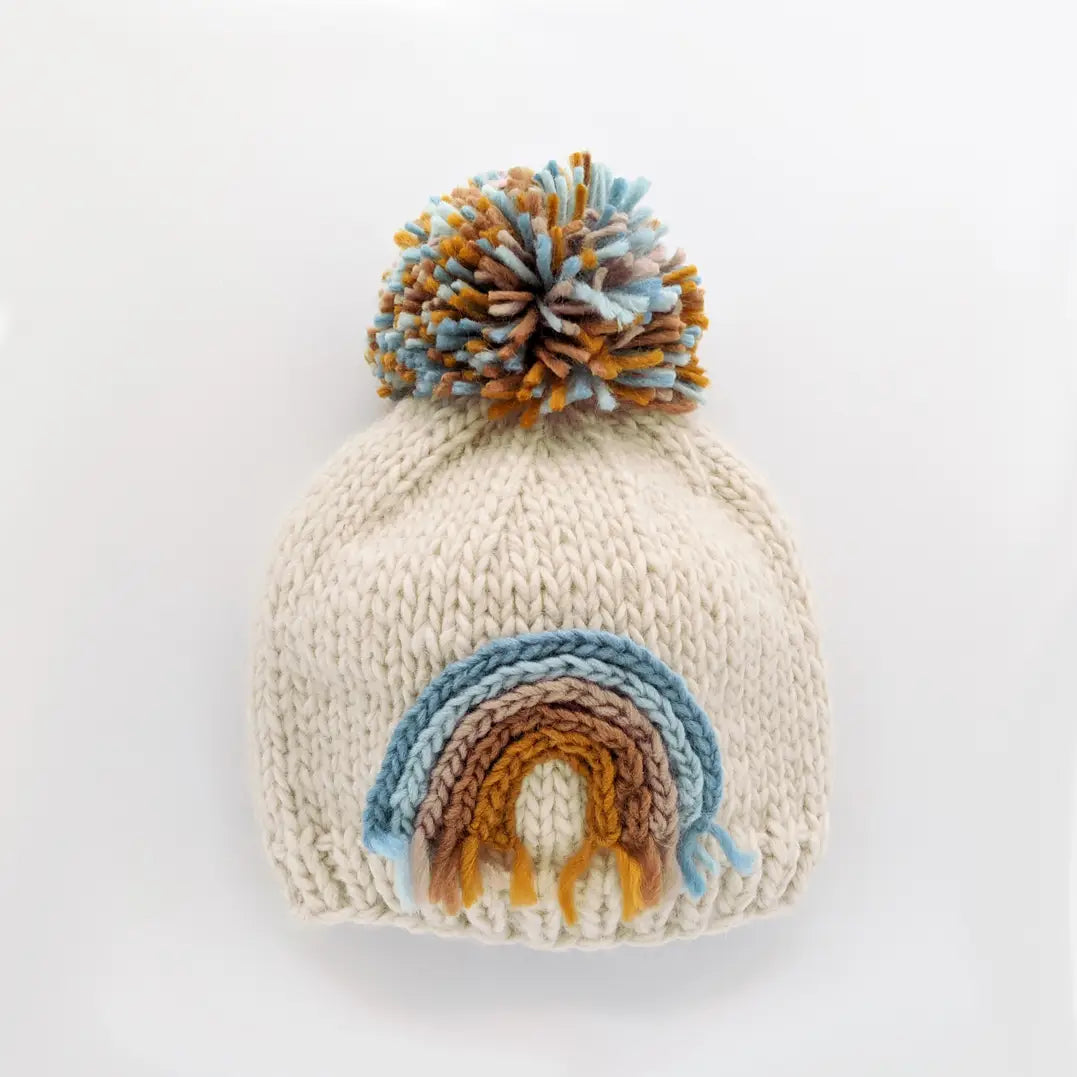 Teal Rainbow Pom Pom Beanie Hat