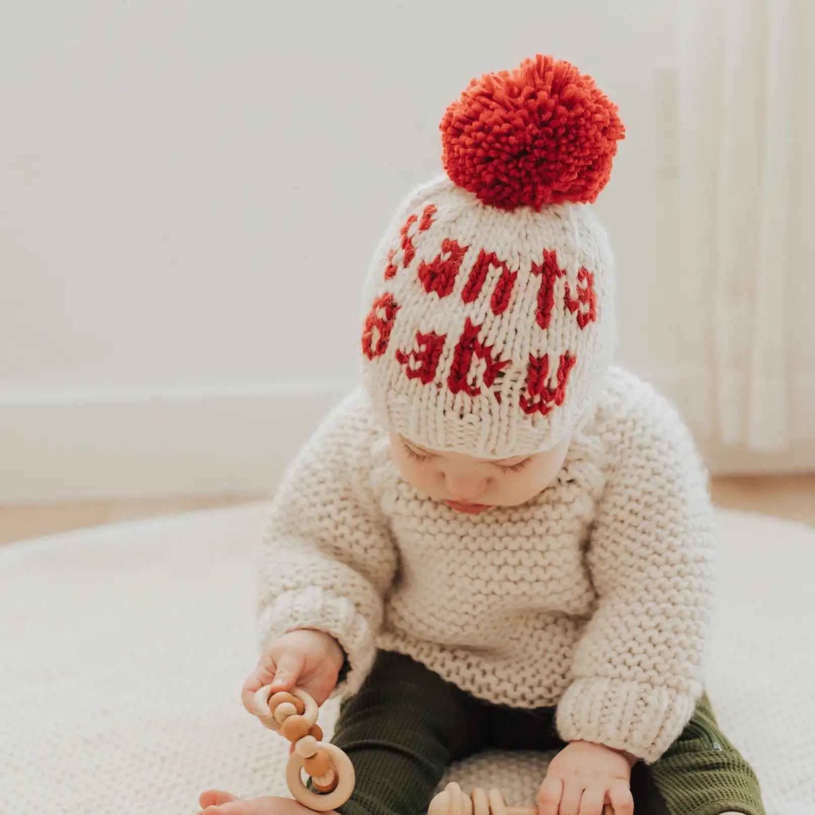 Santa Baby Hand Knit Pom Pom Beanie Hat