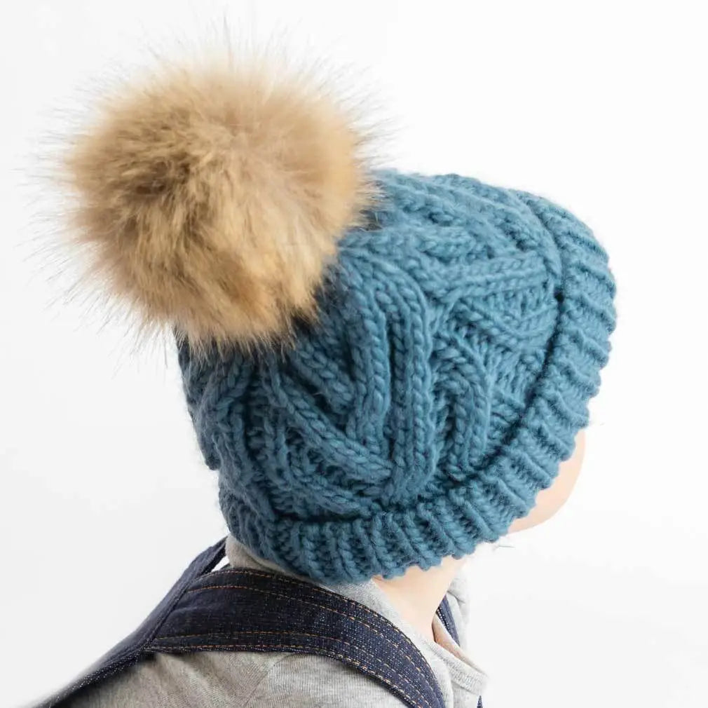 Slate Blue Pop Hand Knit Pom Pom Beanie Hat