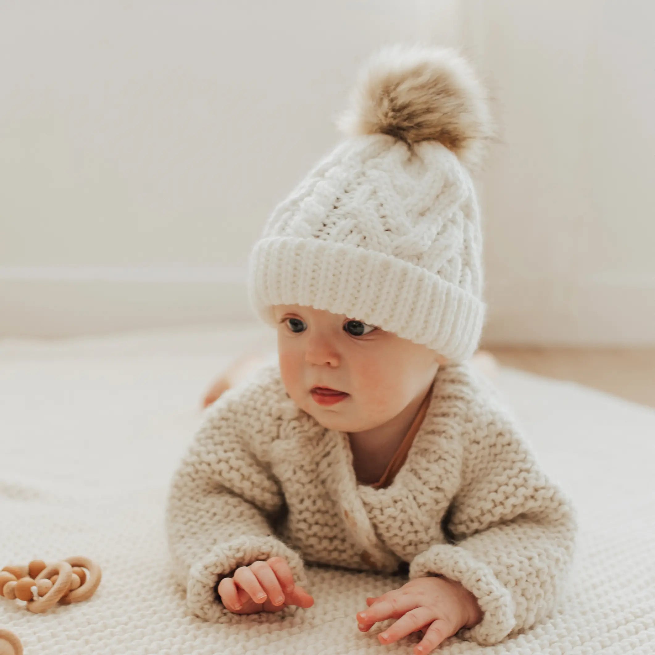 Winter White Pop Hand Knit Pom Pom Beanie Hat
