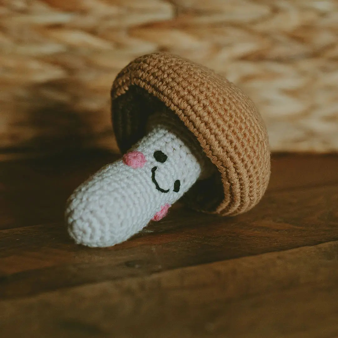Organic Crocheted Veggie Rattle | Friendly Brown Mushroom