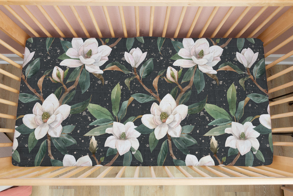 Midnight Magnolia | 100% Organic Cotton Muslin Baby Bedding