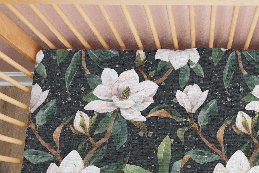 Midnight Magnolia | 100% Organic Cotton Muslin Baby Bedding