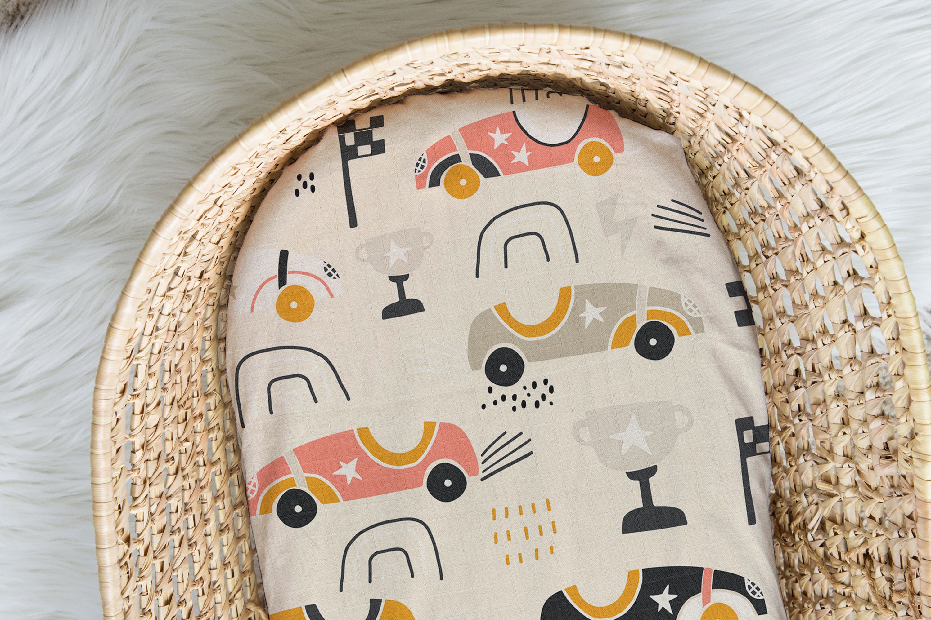 Vroom Vroom | Moses Basket Sheet | 100% Organic Cotton Muslin