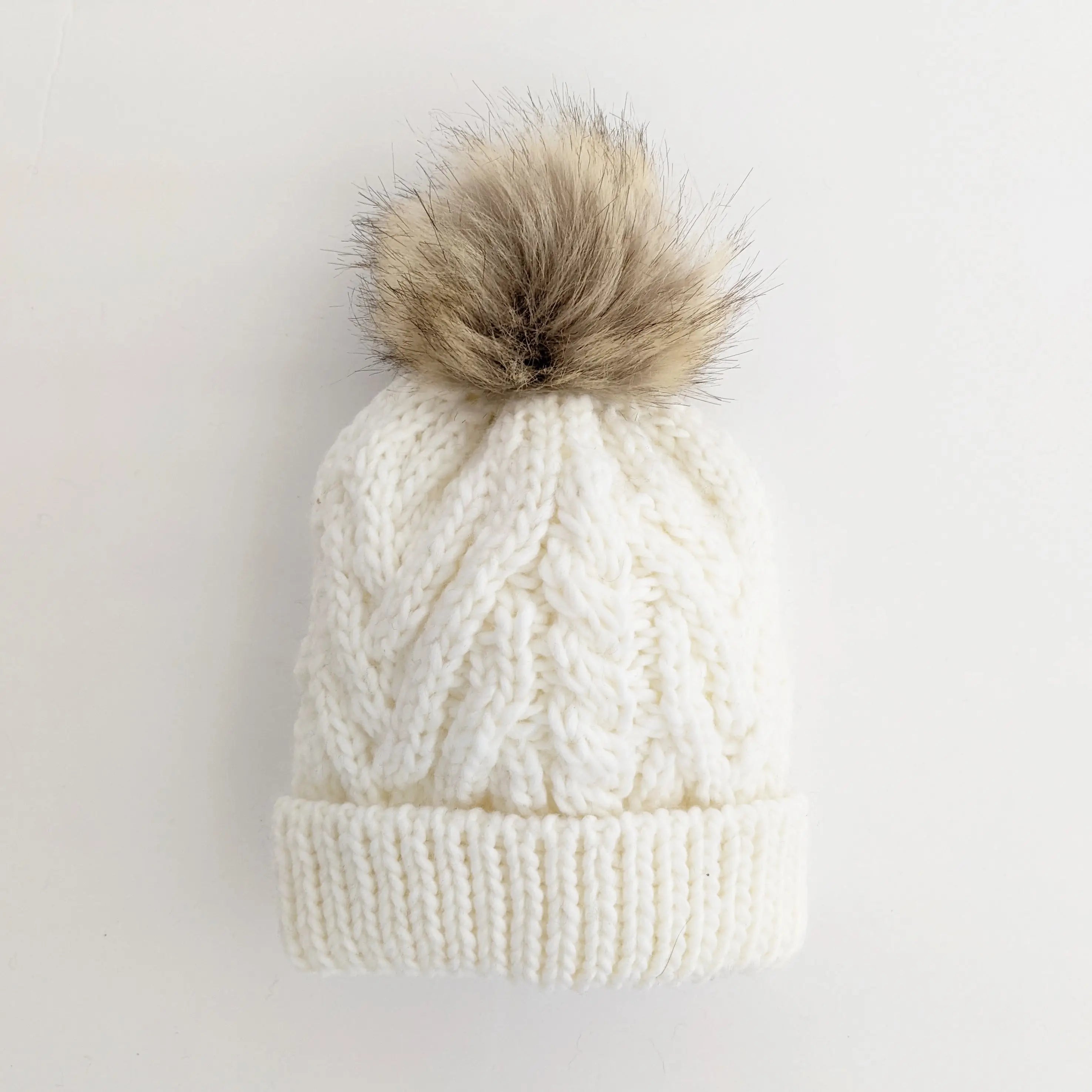 Winter White Pop Hand Knit Pom Pom Beanie Hat