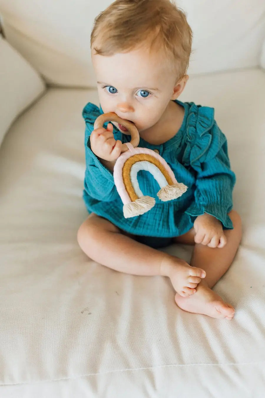 Rainbow Macrame Teether | Ballet Pink + Sky