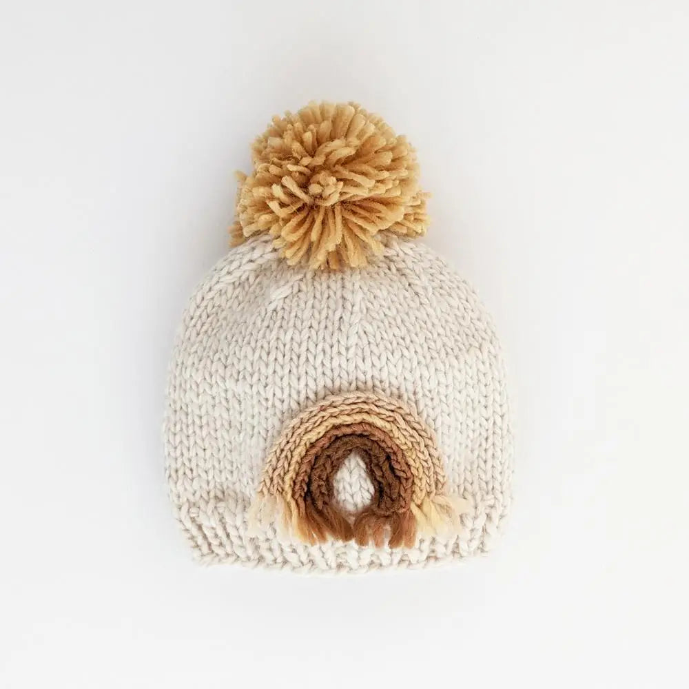 Gold Rainbow Pom Pom Beanie Hat