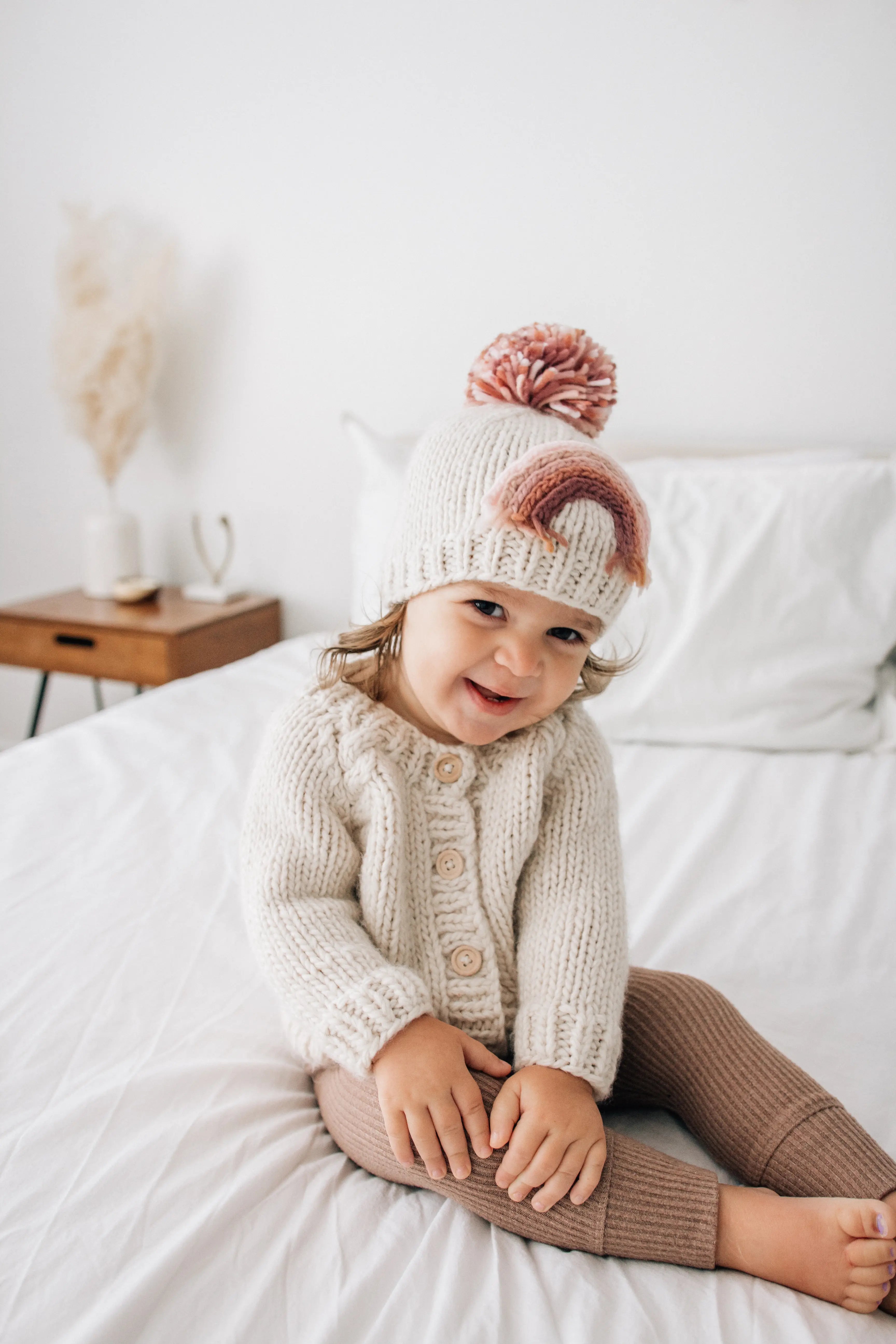 Mauve Rainbow Pom Pom Beanie Hat