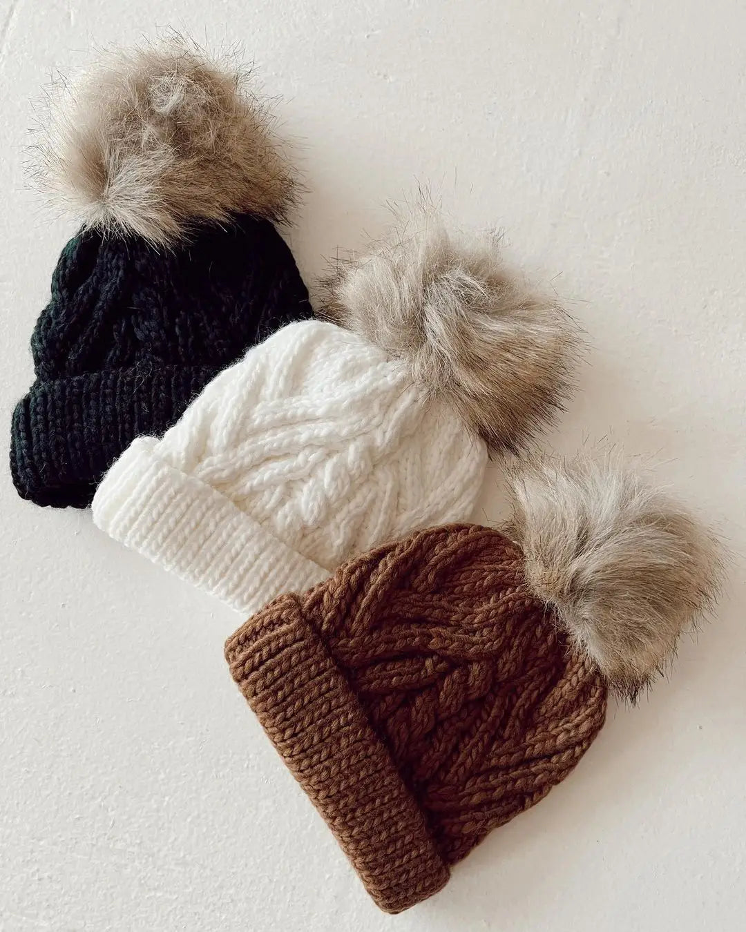 Winter White Pop Hand Knit Pom Pom Beanie Hat