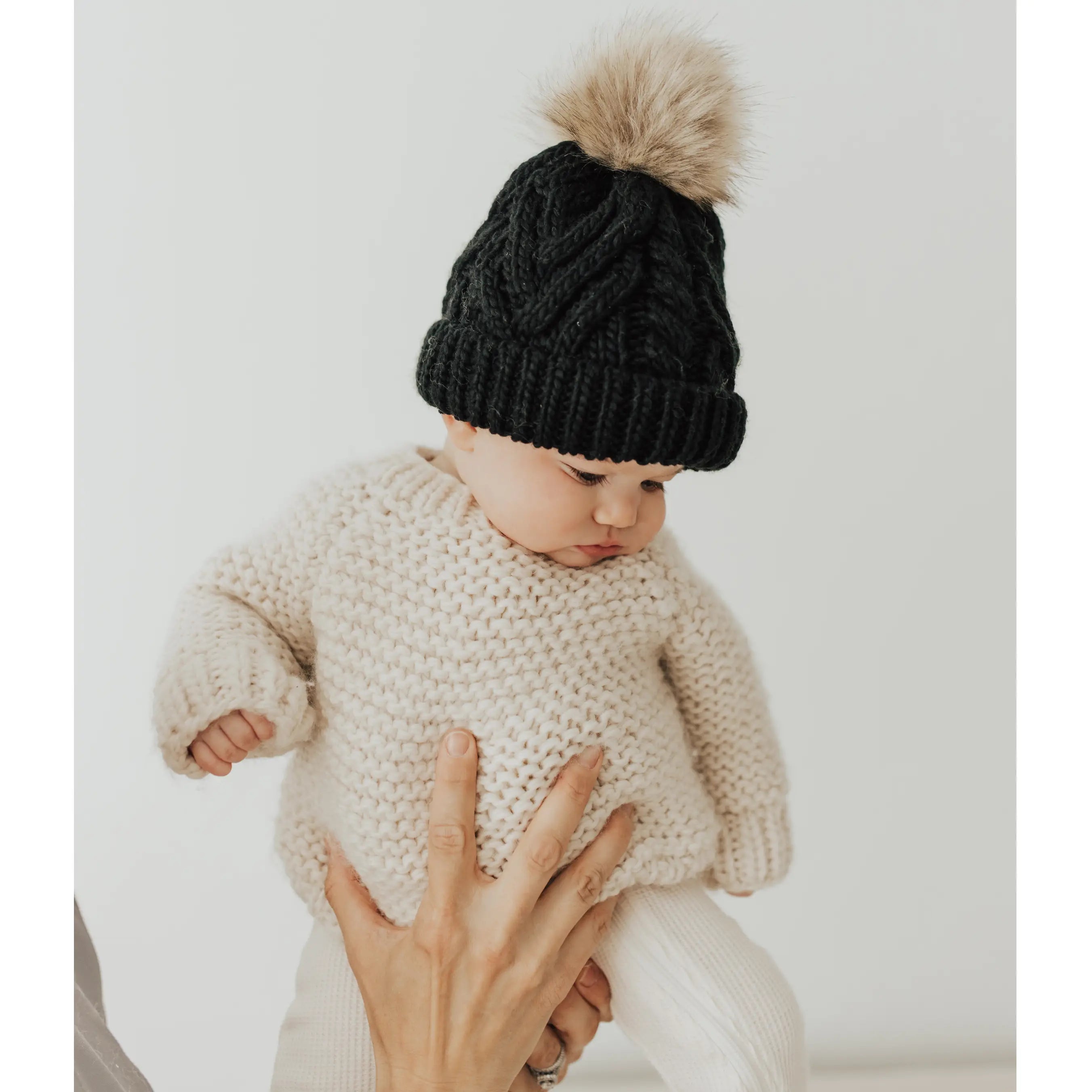 Black Pop Hand Knit Pom Pom Beanie Hat