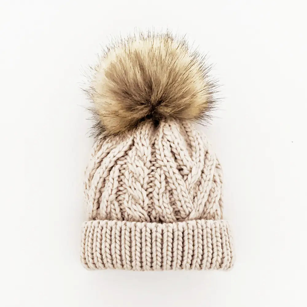 Oatmeal Pop Hand Knit Pom Pom Beanie Hat
